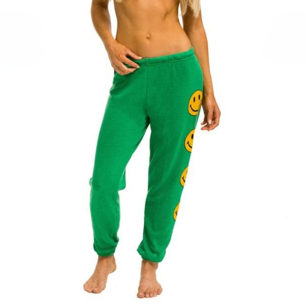 🌈 💚🙂Aviator Nation Kelly Green Smiley 2 Sweatpants, Size L ~ VGUC